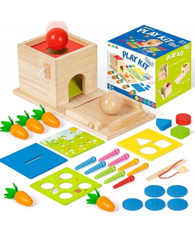 5-in-1 Wooden Play Kit Montessori Toy - Object Permanence Box Coin Box Carrot Harvest Catch Worm Shape Sorter - Toddler Learn...