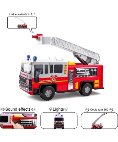 Playkidiz 15" Fire Truck Toy for Kids with Lights and Siren Sounds Classic Red and White Rolling Emergency Vehicle Interactiv...