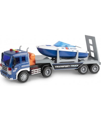 Speed Boat Transport Truck Toys Big Flatbed Truck Speed Boat 2 in 1 Playset for Kids Friction Powered Carrier and Trailer wit...