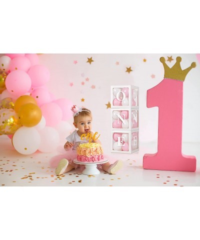 Baby Girl First Birthday Party Decorations 'ONE' Letters Individual Three White Transparent Square Boxes with 24 Balloons Dec...