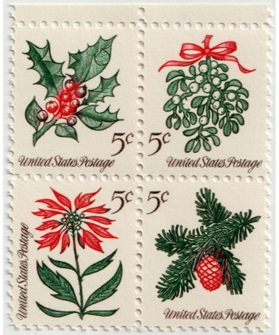 1964 Vintage Christmas Foliage Mistletoe Evergreens Poinsettia Holly Scott 1257 4 x 5¢ US Postage Stamps $14.54 Collectibles ...