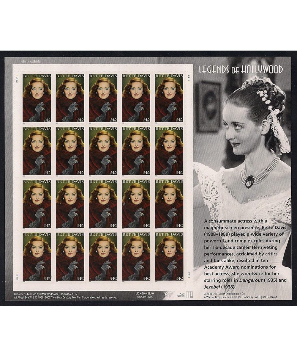 Bette Davis Legends of Hollywood pane of 20 x 42 cent us U.S. Postage Stamps $30.38 Collectible Postage Stamps