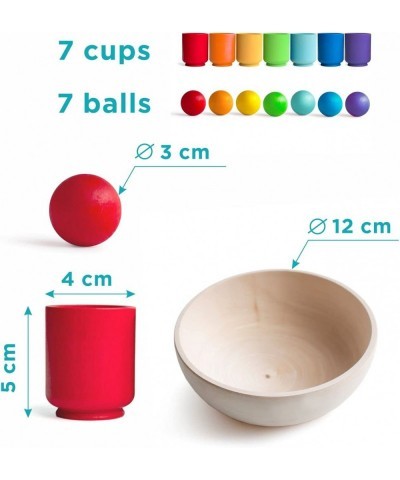 Rainbow Balls in Cups Montessori Toy Wooden Sorter Game 7 Balls 30 mm Age 1+ Color Sorting and Counting Preschool Learning Ed...