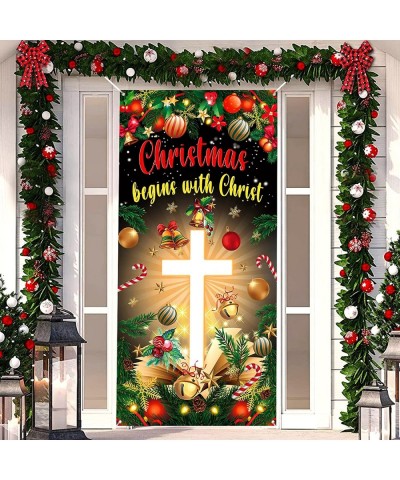 Christmas Cross Door Cover Nativity Cross Religious Door Decorations Banner Christmas Begins with Christ Porch Sign Photo Bac...