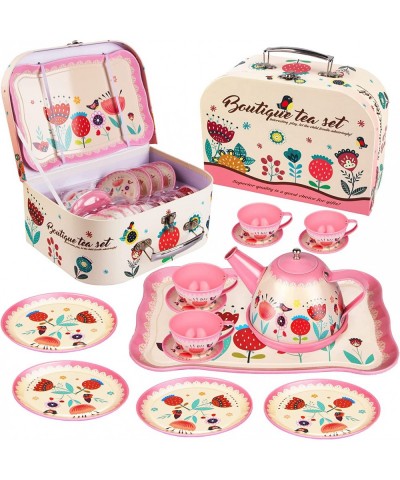 Tea Set for Little Girls Kids Tea Set 15 PCS Pink Tin Tea Party Set for Toddlers Princess Tea Time Pretend Toy with Carrying ...