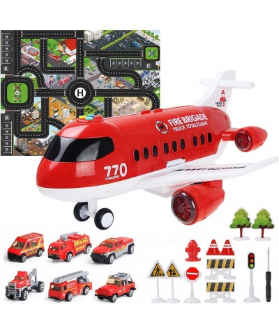 Red Airplane Toy Set Rescue Fire Truck Toy Lights and Sound for Kids Gift Ambulance Car Toy Transport Vehicles for Boy 3-6 Ye...