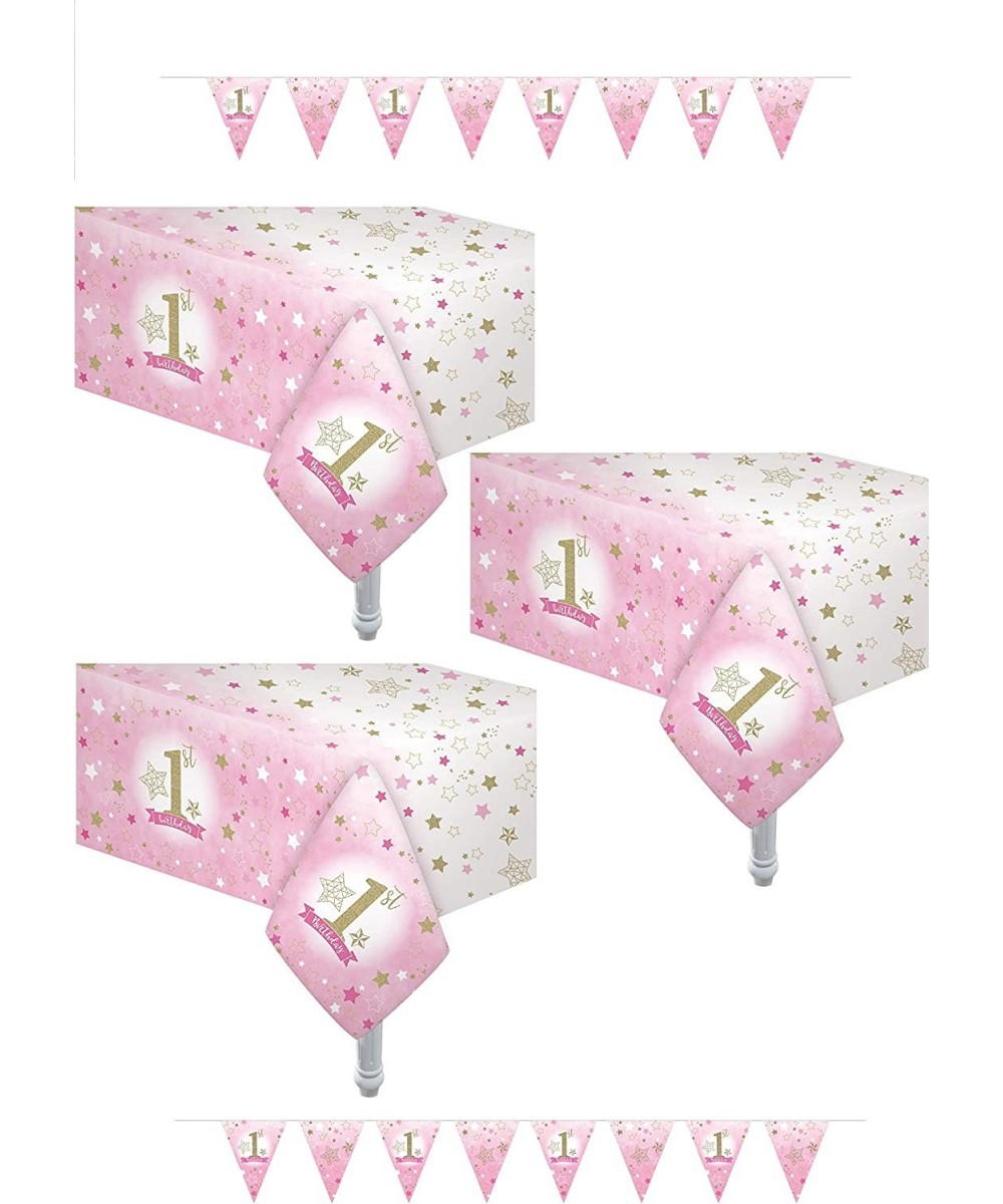 3 Pack 1st Birthday Girl Table Cloth Size 54" x 108" Includes 2 Pennant Banners 6.56 Feet Each Ideal for 1st Birthday Girl ta...