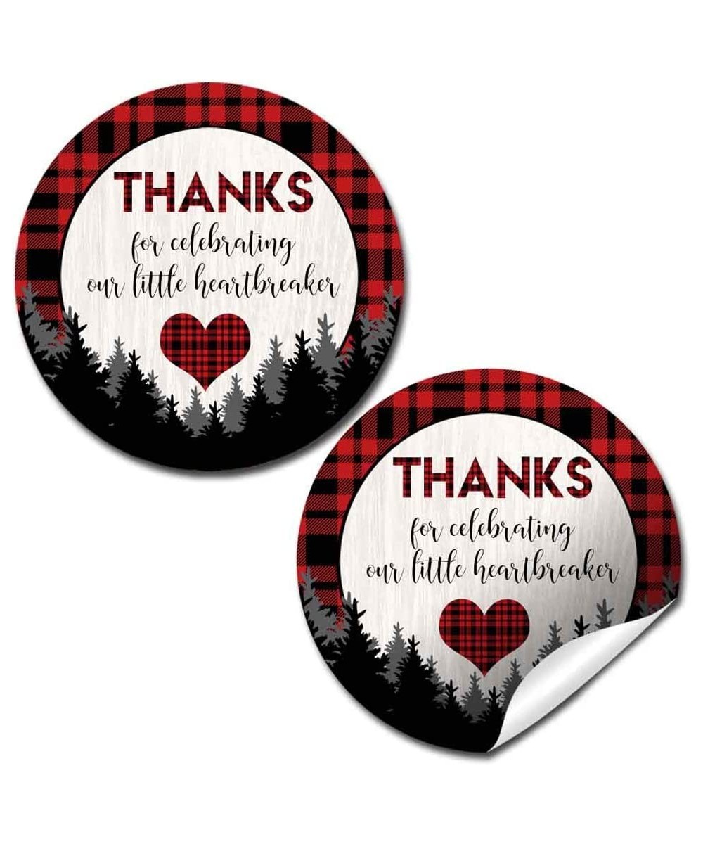 Our Little Heartbreaker Red and Black Buffalo Plaid Birthday Valentine Thank You Sticker Labels for Kids 40 2" Party Circle S...