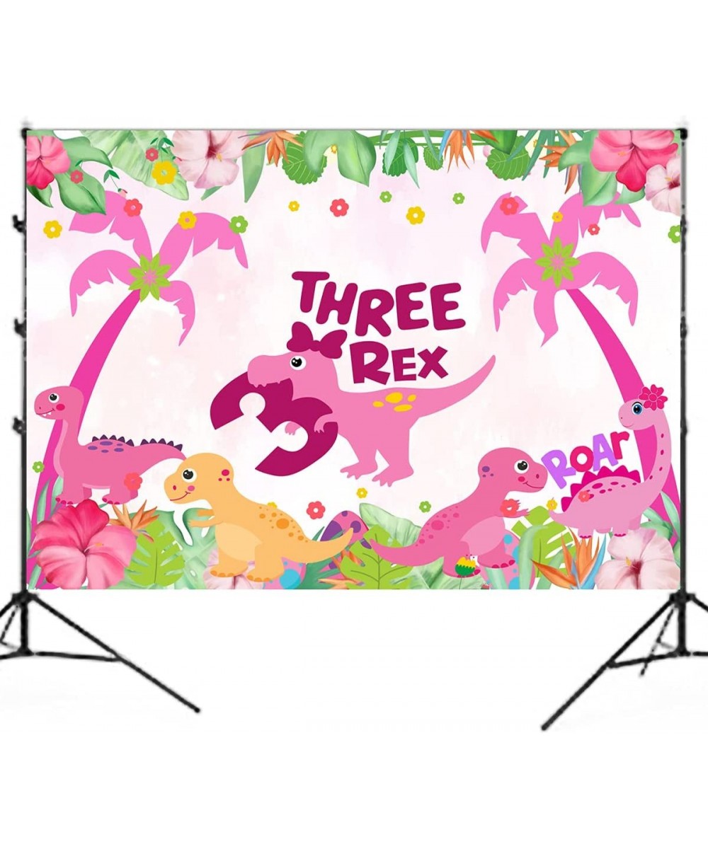 5ft*3ft Dinosaur Birthday Party Photo Backdrop Three Dino-Rex Birthday Party Decorations Girl Pink Dino 3rd Birthday Party De...