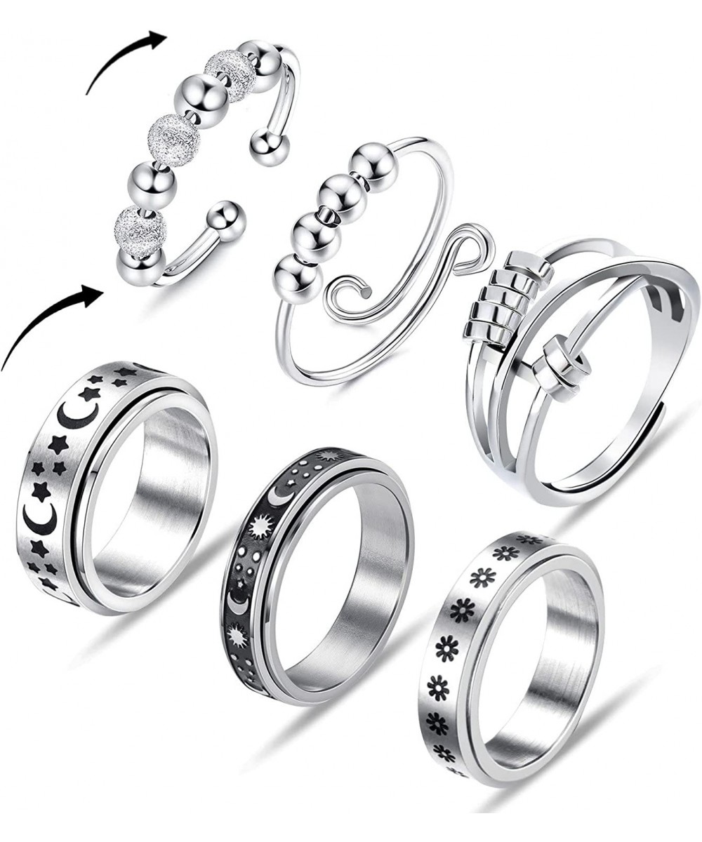 Spinner Rings for Women Men-6pcs Anxiety Rings Fidget Band Rings Set for Anxiety Adjustable Open Rings Silver Flower/Sun/Moon...