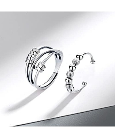 Spinner Rings for Women Men-6pcs Anxiety Rings Fidget Band Rings Set for Anxiety Adjustable Open Rings Silver Flower/Sun/Moon...