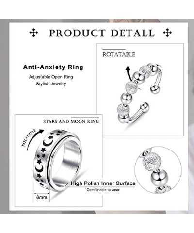 Spinner Rings for Women Men-6pcs Anxiety Rings Fidget Band Rings Set for Anxiety Adjustable Open Rings Silver Flower/Sun/Moon...