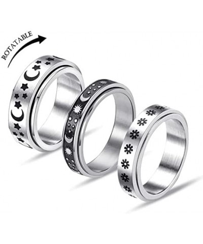 Spinner Rings for Women Men-6pcs Anxiety Rings Fidget Band Rings Set for Anxiety Adjustable Open Rings Silver Flower/Sun/Moon...