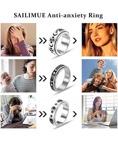 Spinner Rings for Women Men-6pcs Anxiety Rings Fidget Band Rings Set for Anxiety Adjustable Open Rings Silver Flower/Sun/Moon...