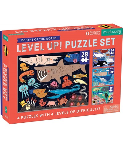 Oceans of The World Level Up! Puzzle Set from Mudpuppy Includes 4 Jigsaw Puzzles with 16 – 28 Pieces Features Beautifully Ill...