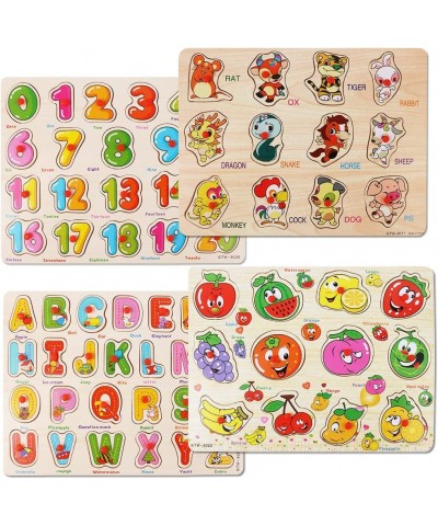 Toddlers Puzzles Wooden Puzzles for Toddlers 4 Pack Peg Puzzles for Kids Ages 2-4 Wooden Alphabet Number Animal Fruit Puzzles...