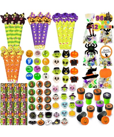 96 Pcs Halloween Assorted Stationery Toy Set 12 Packs Prefilled Treat Bags with Gift Tags Including Mochi Bouncy Balls Sticke...